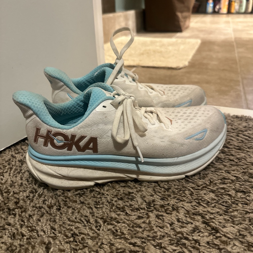 Hoka White and Light Blue Athletic Shoes
